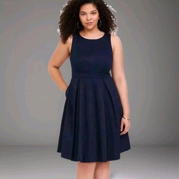 Torrid Super Navy Sateen Sleeveless Skater Dress Sz 26 Pockets Stretch - Picture 1 of 12
